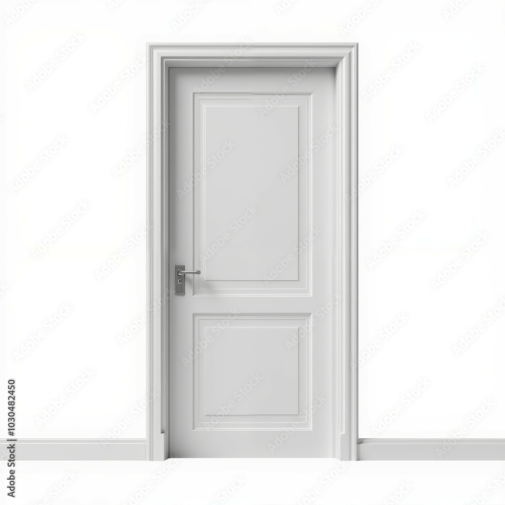 A simple white door stands against a white wall, emphasizing a minimalist design with clean lines and a modern aesthetic. A simple white door stands against a white wall, emphasizing a minimalist design with clean lines and a modern aesthetic.
