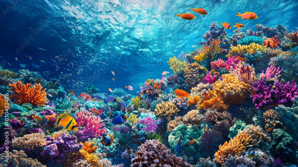 Obraz premium Vibrant Coral Atoll with Turquoise Waters and Tropical Fish Generative AI