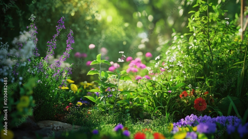 Obraz premium A vibrant herbal garden in full bloom, showcasing a variety of medicinal plants and flowers