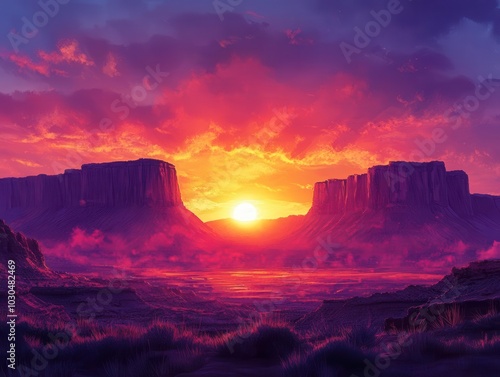 dramatic cliffs silhouetted against a fiery sunset in a vast desert landscape, with warm hues of orange and purple blending beautifully across the sky, creating a breathtaking natural scene