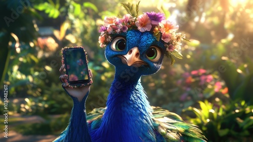 A sprightly peacock adorned with a delicate flower crown interacts joyfully, showcasing its vibrant plumage