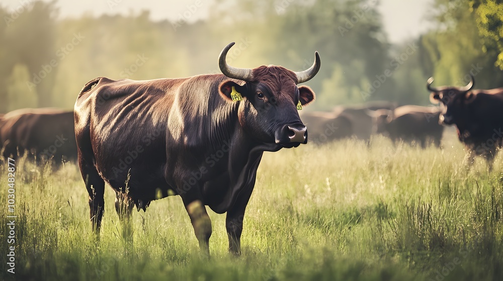 Majestic brown cow stands in a sunlit field, surrounded by lush grass and trees. Majestic brown cow stands in a sunlit field, surrounded by lush grass and trees.