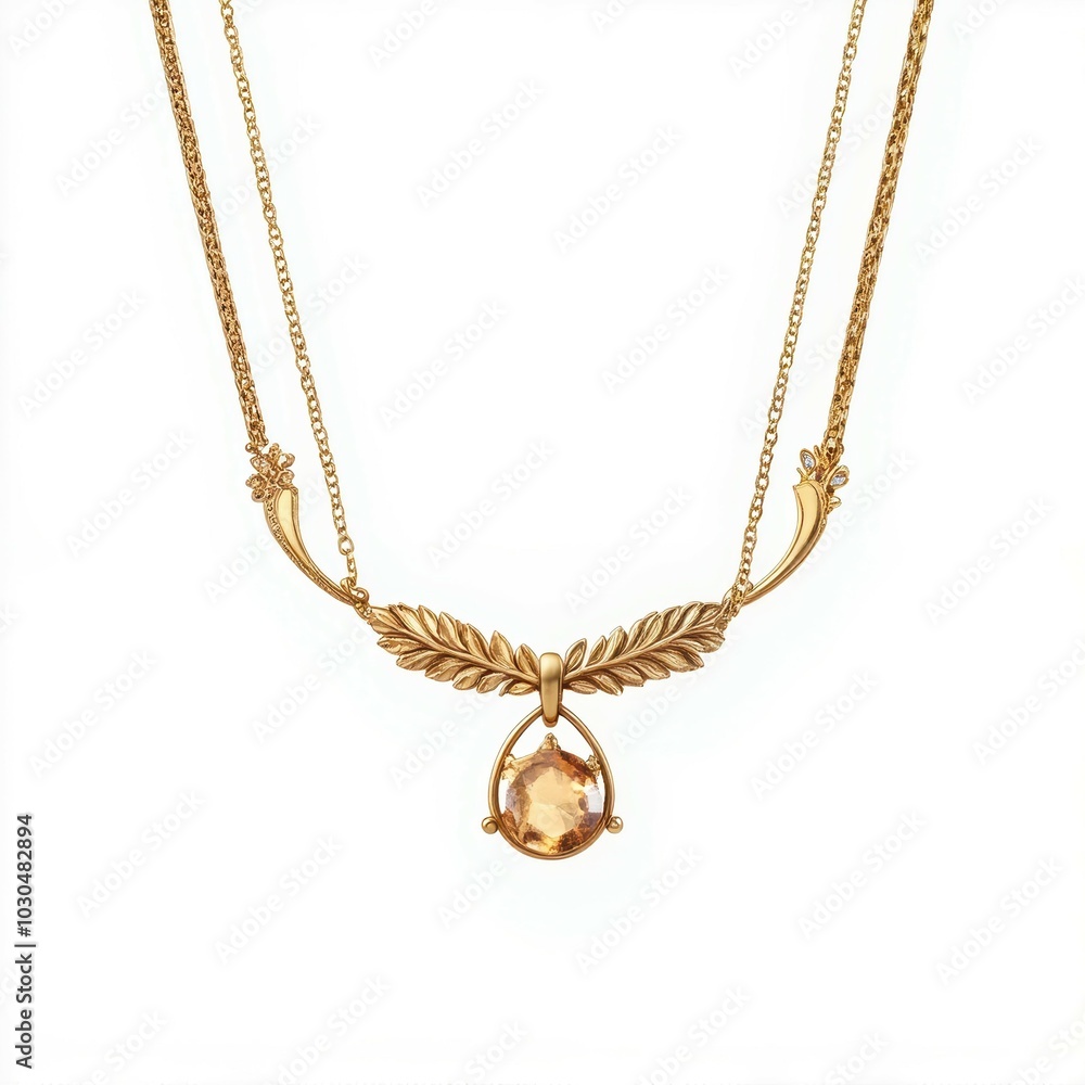 Elegant gold necklace featuring a leaf design and a central gemstone, perfect for adding a touch of sophistication to any outfit. Elegant gold necklace featuring a leaf design and a central gemstone, perfect for adding a touch of sophistication to any outfit.