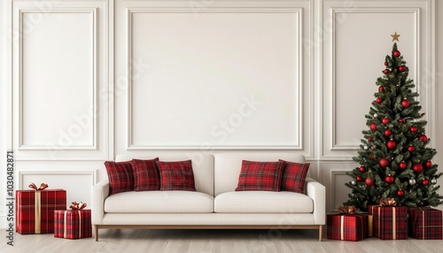 Living room with plaid Christmas decor, rustic holiday charm, 3D illustration