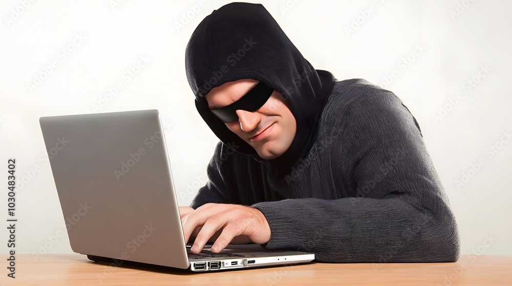 Man in disguise using a laptop with intent. Man in disguise using a laptop with intent.