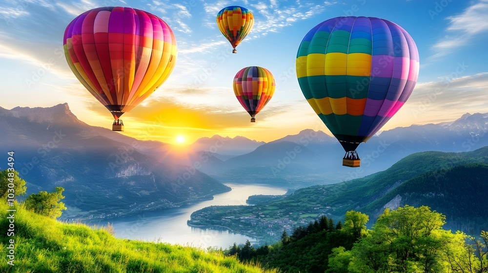 Fototapeta premium Hot Air Balloons Soaring Over Serene Sunset Valley Landscape