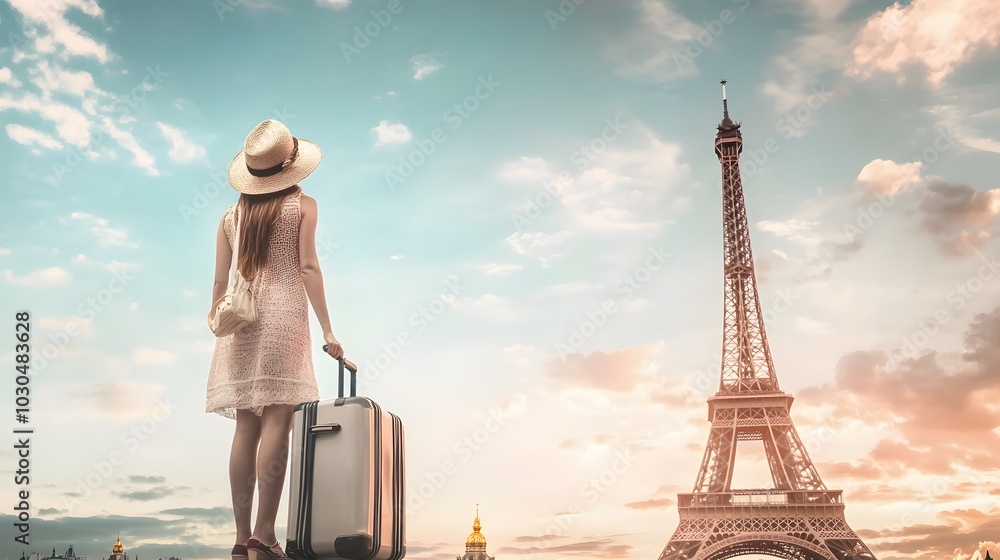 Fototapeta Woman in white dress with suitcase gazing at Eiffel Tower during a picturesque sunset.