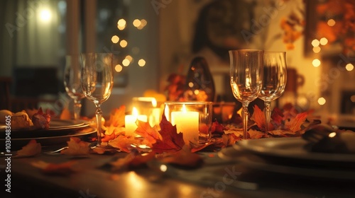 A warm, glowing Thanksgiving table with autumn leaves and candles