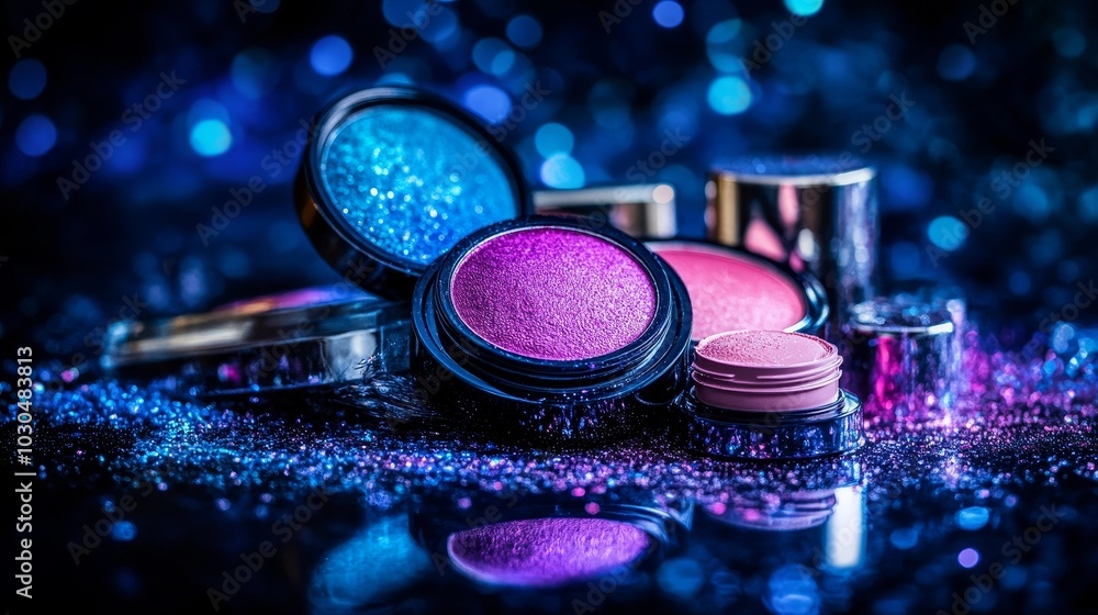 Vibrant makeup products arranged with shimmering glitter against a colorful background. Vibrant makeup products arranged with shimmering glitter against a colorful background.