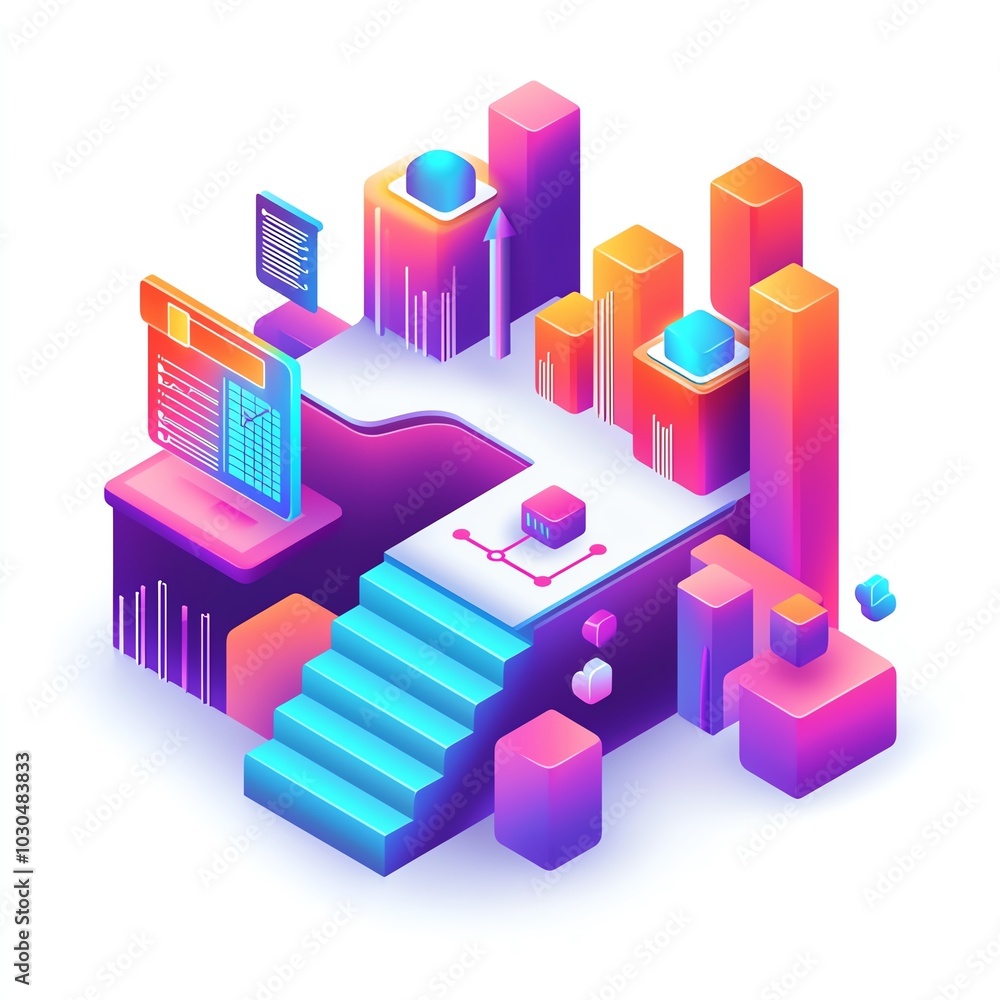 A vibrant, abstract 3D illustration featuring colorful geometric shapes, stairs, and various structures, suggesting a futuristic environment or digital landscape. A vibrant, abstract 3D illustration featuring colorful geometric shapes, stairs, and various structures, suggesting a futuristic environment or digital landscape.