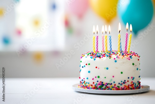 A festive birthday cake with colorful candles and sprinkles, ready for celebration photo