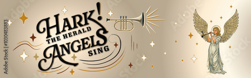 A festive design featuring the phrase "Hark! The Herald Angels Sing" with a trumpet and an angel playing a horn, surrounded by stars. Perfect for Christmas cards, decor, or religious holiday designs.