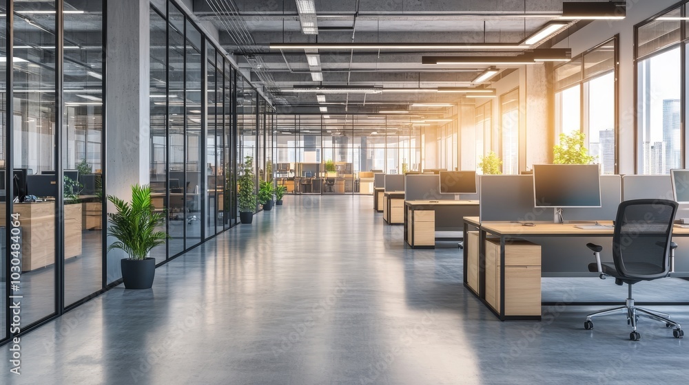 Modern office space with sleek furniture and large windows, showcasing a productive work environment. Modern office space with sleek furniture and large windows, showcasing a productive work environment.