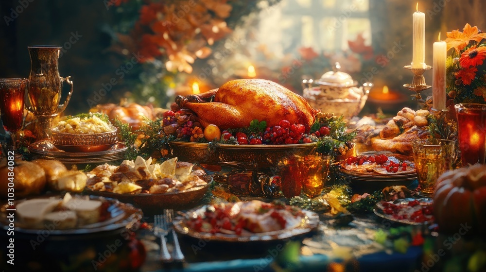 An artistic representation of a Thanksgiving feast with a focus on colorful dishes and table decor An artistic representation of a Thanksgiving feast with a focus on colorful dishes and table decor