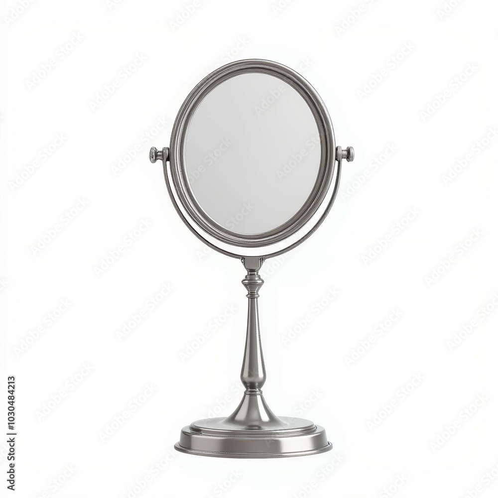 A stylish, metallic tabletop mirror with an elegant design, featuring a dual-sided reflection for practical grooming and beauty purposes. A stylish, metallic tabletop mirror with an elegant design, featuring a dual-sided reflection for practical grooming and beauty purposes.