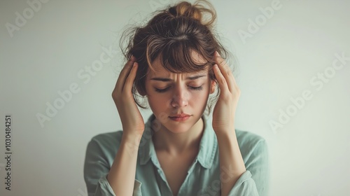 Portrait of tired young business woman in office. Sad, unhappy, worried, depression, or employee life stress concept