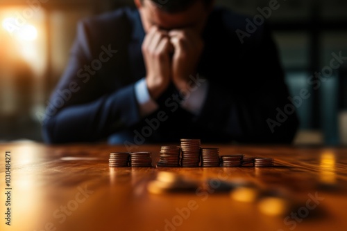 A distressed businessman with his head in his hands, sitting at a table scattered with coins, symbolizing financial struggle and stress in the workplace.