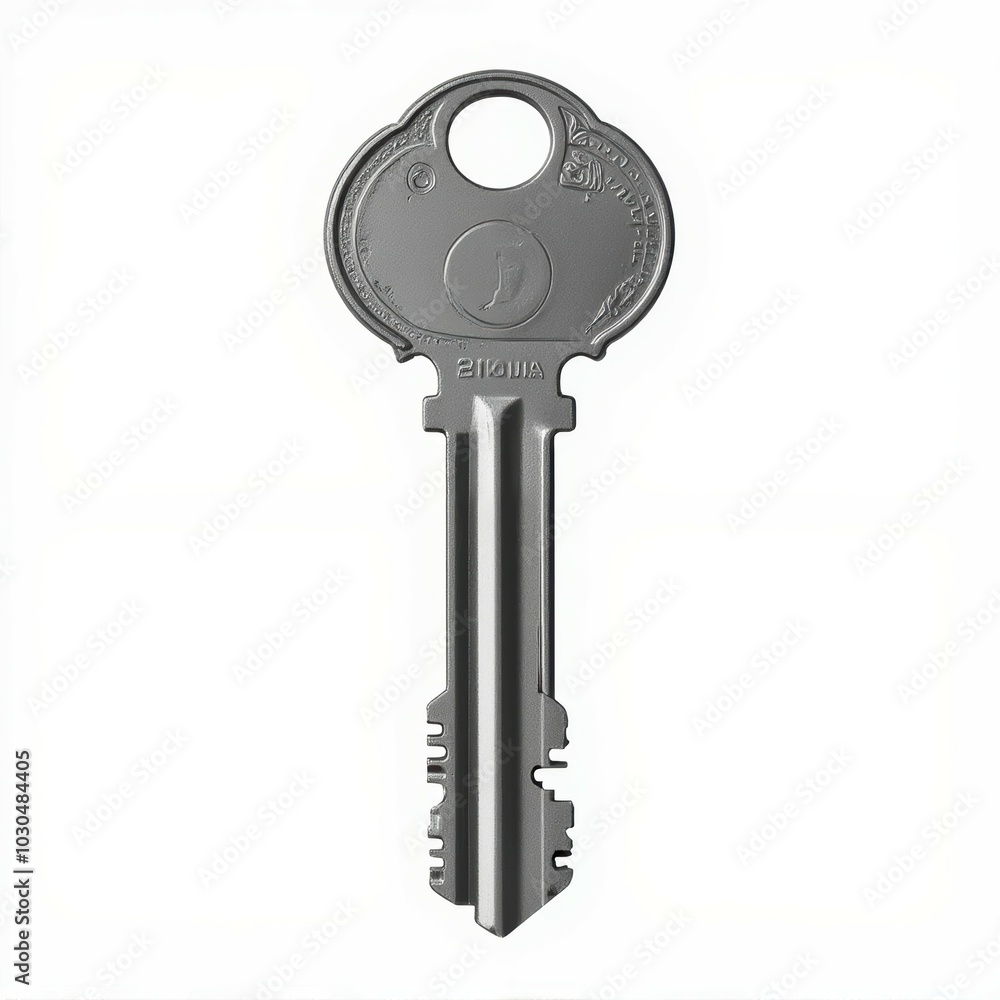 A metallic key with a simple design, showcasing its grooves and round head, ideal for unlocking doors. A metallic key with a simple design, showcasing its grooves and round head, ideal for unlocking doors.