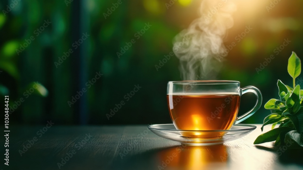 A steaming cup of tea sits elegantly on a wooden table, surrounded by fresh leaves. The warm glow of sunlight highlights the aromatic beverage, creating a tranquil atmosphere.