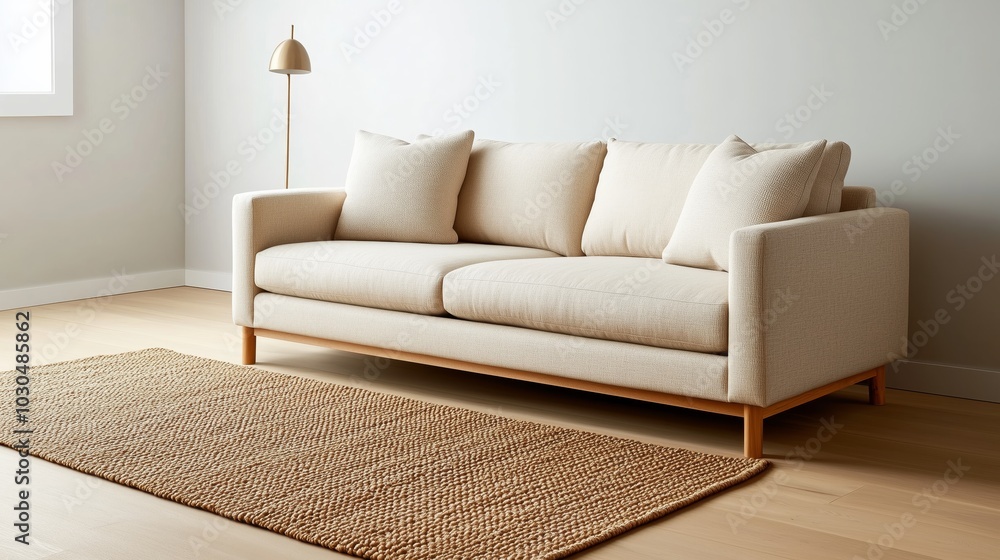 A living room with a cream-colored fabric sofa, light wooden floors, and a hand-woven rug that complements the natural wood elements in the space. A living room with a cream-colored fabric sofa, light wooden floors, and a hand-woven rug that complements the natural wood elements in the space.