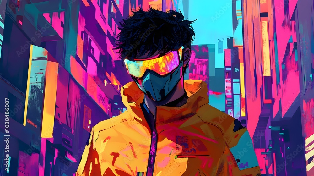 Obraz premium Cyberpunk Cityscape with Masked Figure in Neon Lights