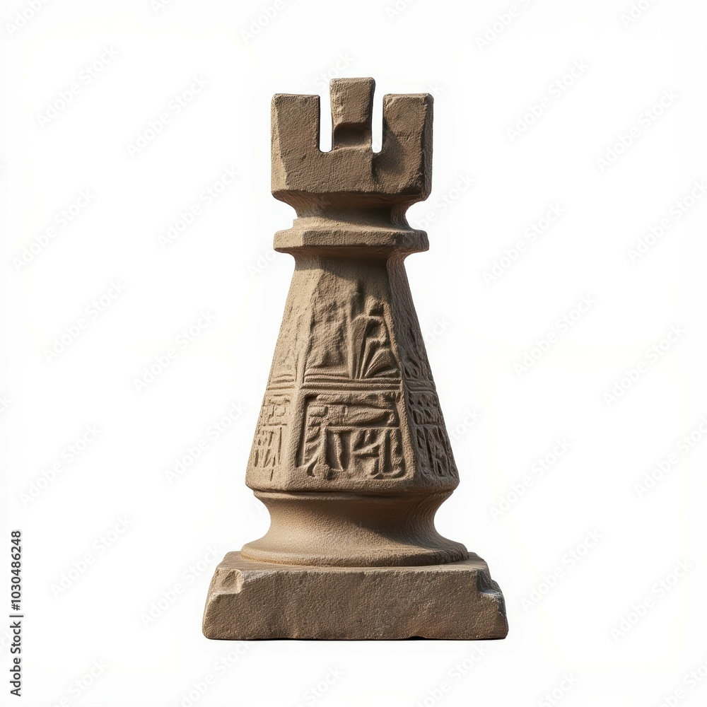 A detailed stone chess rook with intricate carvings, showcasing craftsmanship and artistic design, symbolizing strategy in the game of chess. A detailed stone chess rook with intricate carvings, showcasing craftsmanship and artistic design, symbolizing strategy in the game of chess.