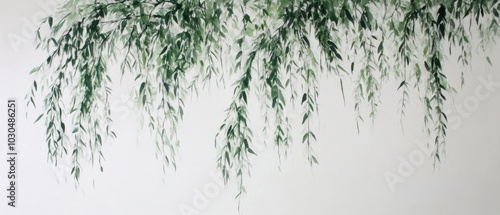 Weeping willow with cascading leaves on pure white