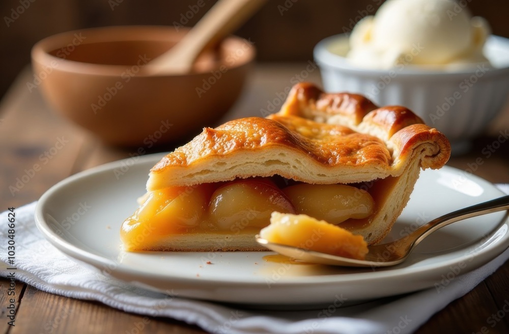 A delicious slice of homemade apple pie resting beautifully on a charming plate, accompanied by a shiny spoon, ready to be enjoyed A delicious slice of homemade apple pie resting beautifully on a charming plate, accompanied by a shiny spoon, ready to be enjoyed