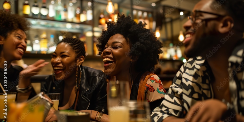 Group of friends laughing and enjoying drinks at a vibrant night out in a bar, blurred and shallow focus Group of friends laughing and enjoying drinks at a vibrant night out in a bar, blurred and shallow focus