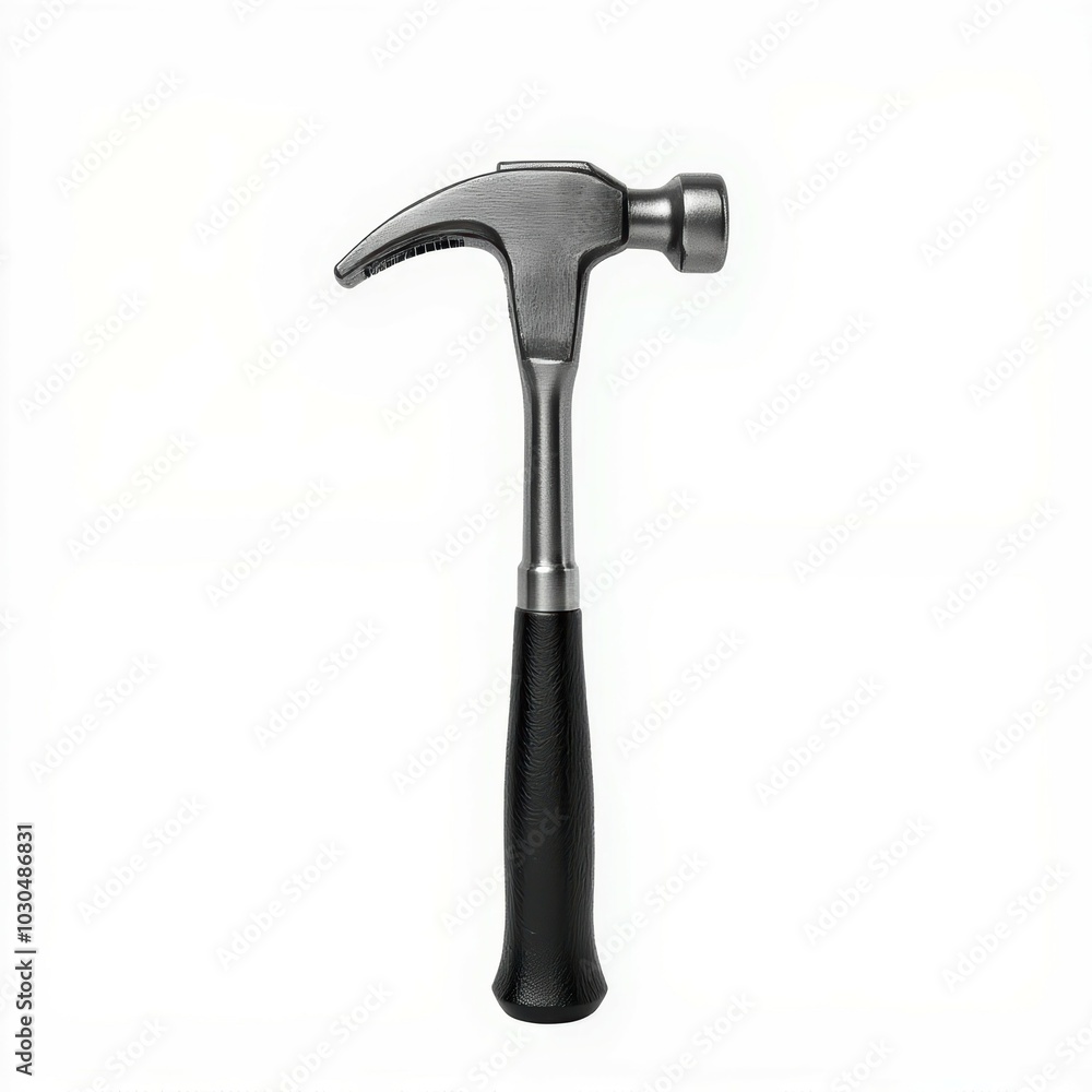 A sleek, metallic hammer with a black handle, ideal for various construction and DIY projects. A sleek, metallic hammer with a black handle, ideal for various construction and DIY projects.