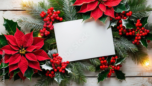 A Christmas-themed background featuring bright poinsettias, holly berries, and green pine branches framing a blank white card on a wooden surface, perfect for holiday designs.