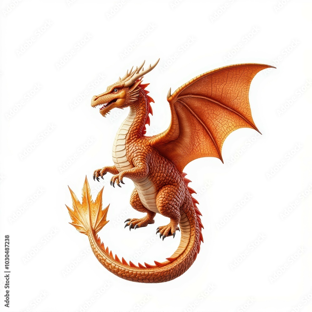 Fototapeta premium A vibrant, orange dragon stands majestically, showcasing its wings and fiery tail, embodying mythical strength and fantasy allure.