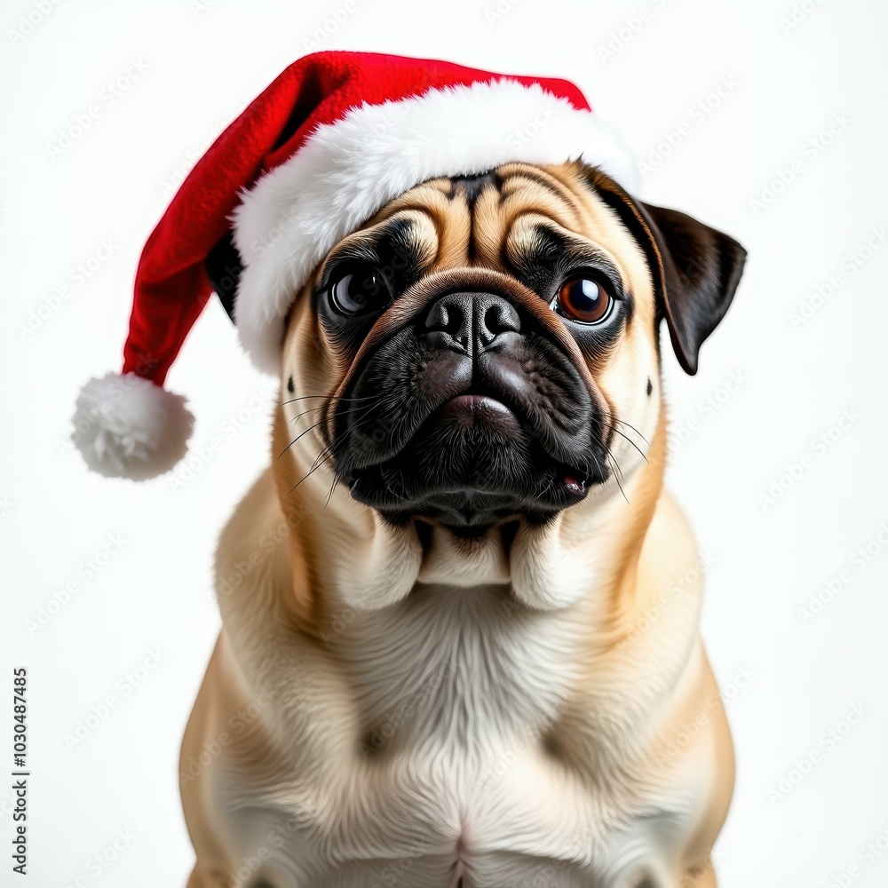 A festive pug wearing a Santa hat, exuding a cute and playful holiday spirit with a charming expression. A festive pug wearing a Santa hat, exuding a cute and playful holiday spirit with a charming expression.