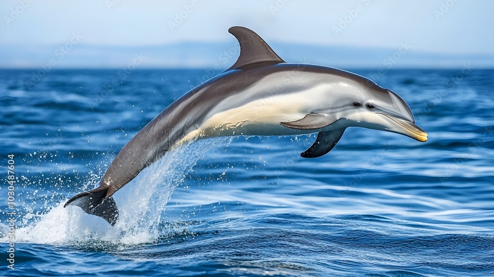 Joyful Dolphin Leaping Mid-Air with Sleek Body Against White Background Joyful Dolphin Leaping Mid-Air with Sleek Body Against White Background