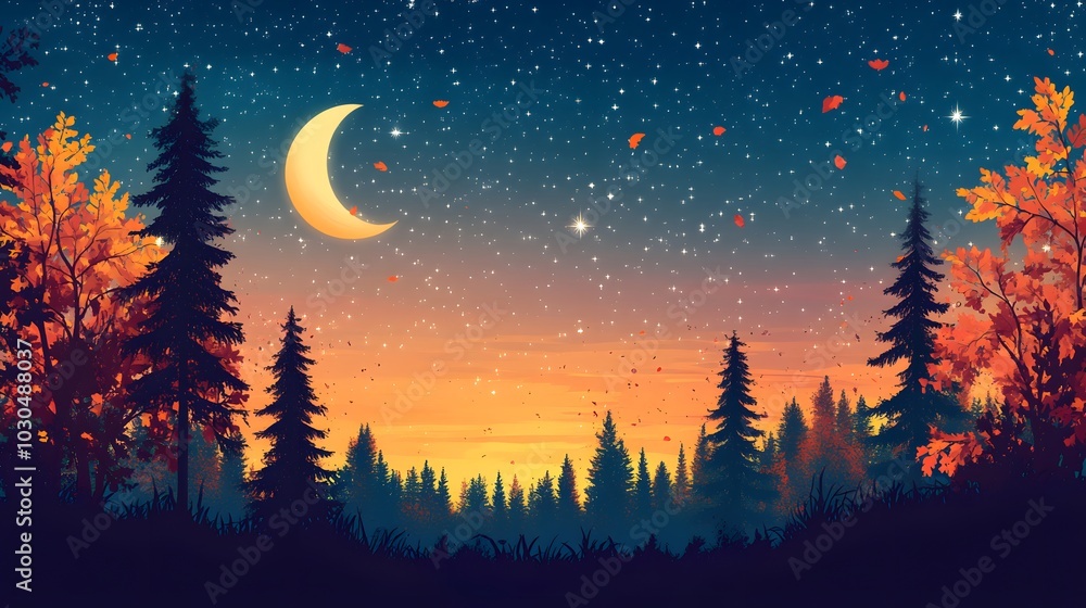 Autumn Forest Night Sky with Crescent Moon and Stars Autumn Forest Night Sky with Crescent Moon and Stars