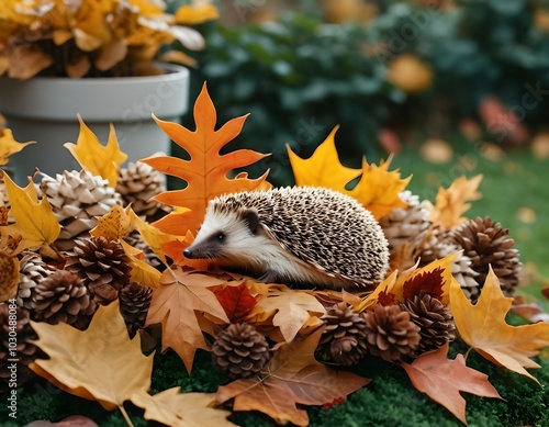 Hedgehog in leaves, autumn, garden photo