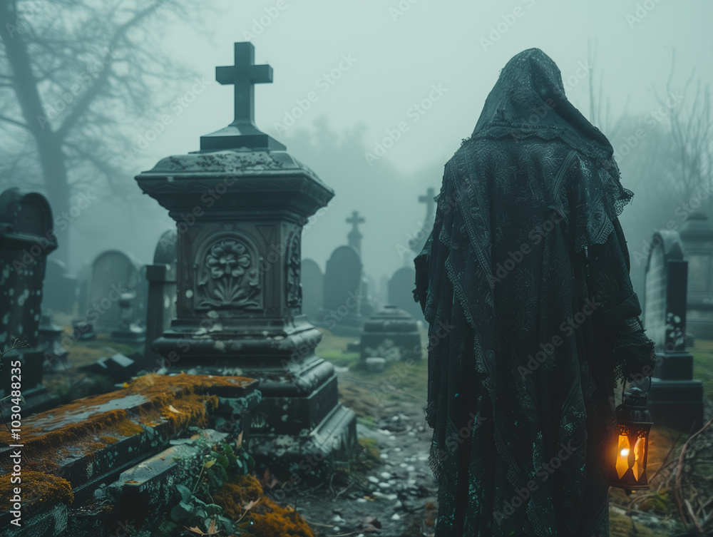 a dark figure roaming in a cemetery a dark figure roaming in a cemetery