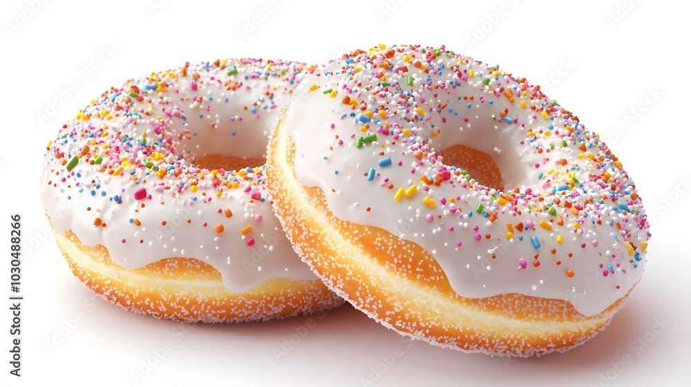 Two Glazed Donuts with Sprinkles Close Up Isolated on White Background Two Glazed Donuts with Sprinkles Close Up Isolated on White Background