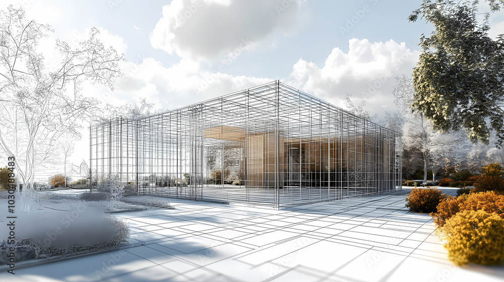 Wireframe rendering of a building in 3D. Done view hard landscaping, new luxury stone patio and garden of English home. Idea for an abstract construction graphic Wireframe rendering of a building in 3D. Done view hard landscaping, new luxury stone patio and garden of English home. Idea for an abstract construction graphic