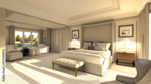 A spacious, elegantly designed bedroom featuring a large bed, seating area, and natural light.