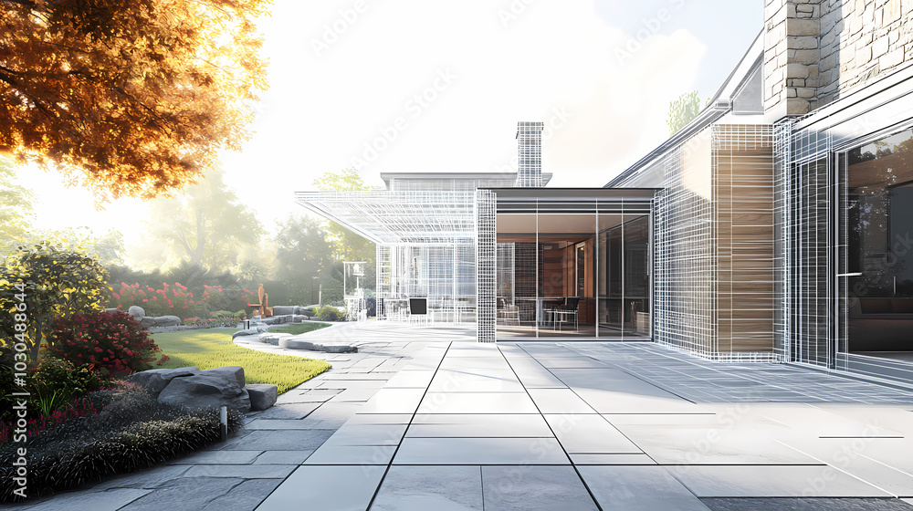 Wireframe rendering of a building in 3D. Done view hard landscaping, new luxury stone patio and garden of English home. Idea for an abstract construction graphic Wireframe rendering of a building in 3D. Done view hard landscaping, new luxury stone patio and garden of English home. Idea for an abstract construction graphic