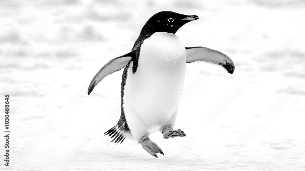 Obraz premium Playful Penguin Waddling Forward With Detailed Black-and-White Contrast
