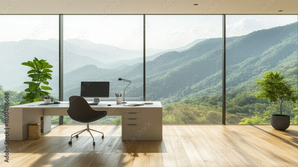 Fototapeta premium A modern office with a desk, computer, and large windows showcasing a mountain landscape.