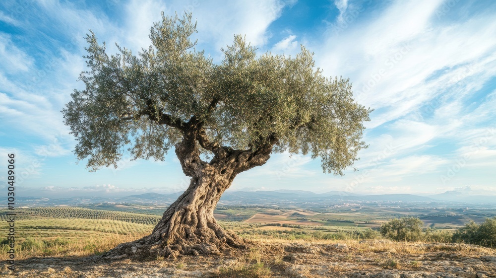 Ancient olive tree with gnarled trunk on stark background Ancient olive tree with gnarled trunk on stark background