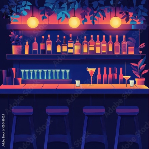 Brick wall backdrop with bar counter, rustic decor, flat design illustration