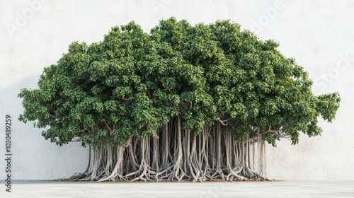 Mighty banyan tree with aerial roots on stark background