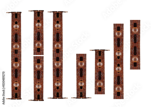 Rusty vertical mounting plates with screws. On isolated transparent background. photo