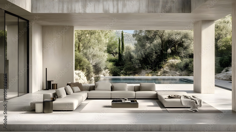 Minimalist Living Room with Sleek Sofa,Potted Plants,and Natural Light Flooding the Space Minimalist Living Room with Sleek Sofa,Potted Plants,and Natural Light Flooding the Space