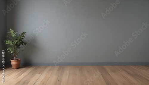 An empty room with a gray wall and a wooden floor.