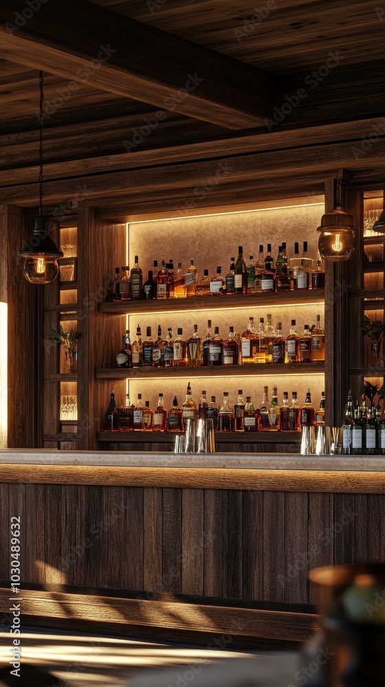 Lounge setting with a rustic bar counter, liquor bottles neatly displayed on wooden shelves, soft warm lighting enhancing the cozy atmosphere Lounge setting with a rustic bar counter, liquor bottles neatly displayed on wooden shelves, soft warm lighting enhancing the cozy atmosphere